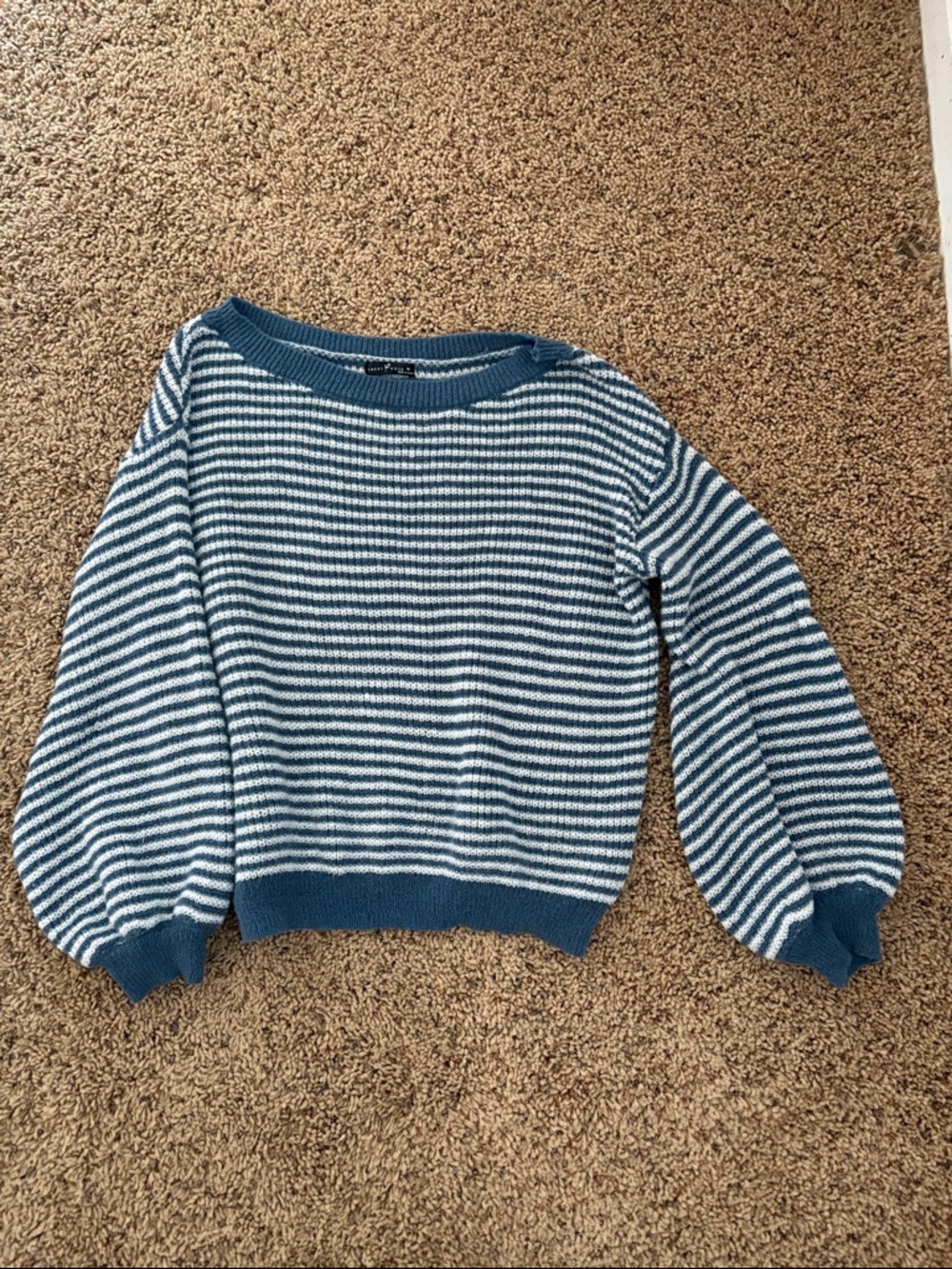 Blue and White Striped Crewneck Sweater - Casual Balloon Sleeve